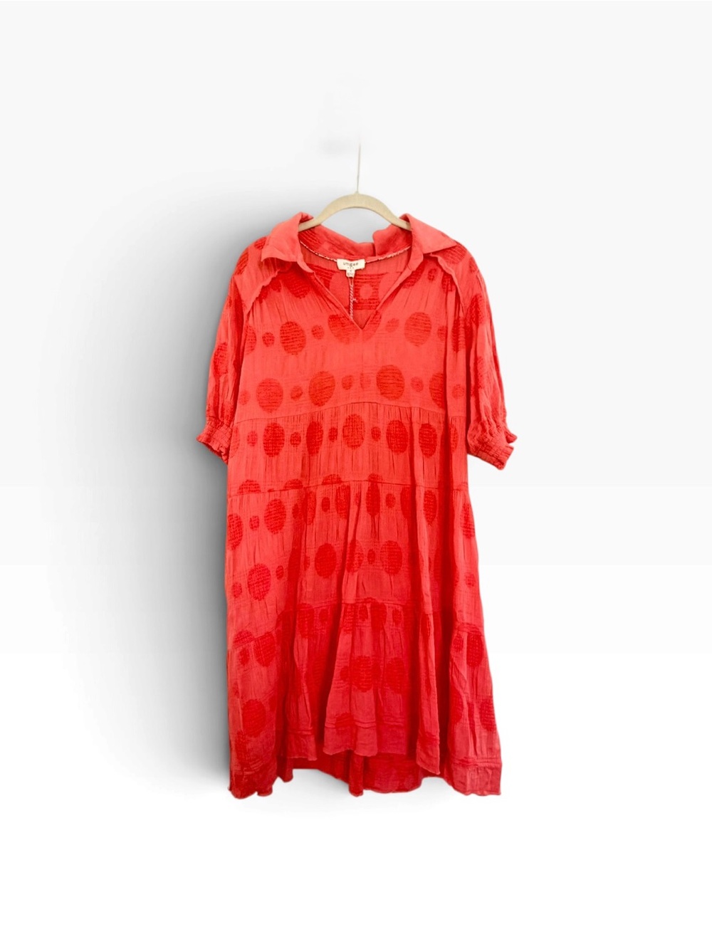 🌺Umgee Coral Red Tiered Polka Dot Collar Dress